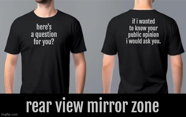 NO FRIENDS tee | if i wanted to know your public opinion i would ask you. here's a question for you? rear view mirror zone | image tagged in no friends tee | made w/ Imgflip meme maker