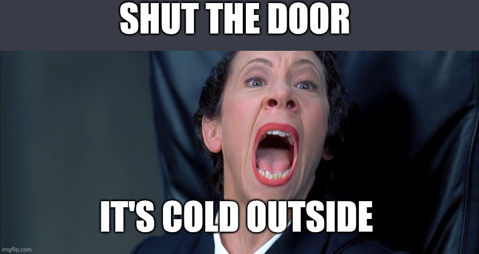Shut the door | SHUT THE DOOR; IT'S COLD OUTSIDE | image tagged in frau farbissina,funny memes | made w/ Imgflip meme maker