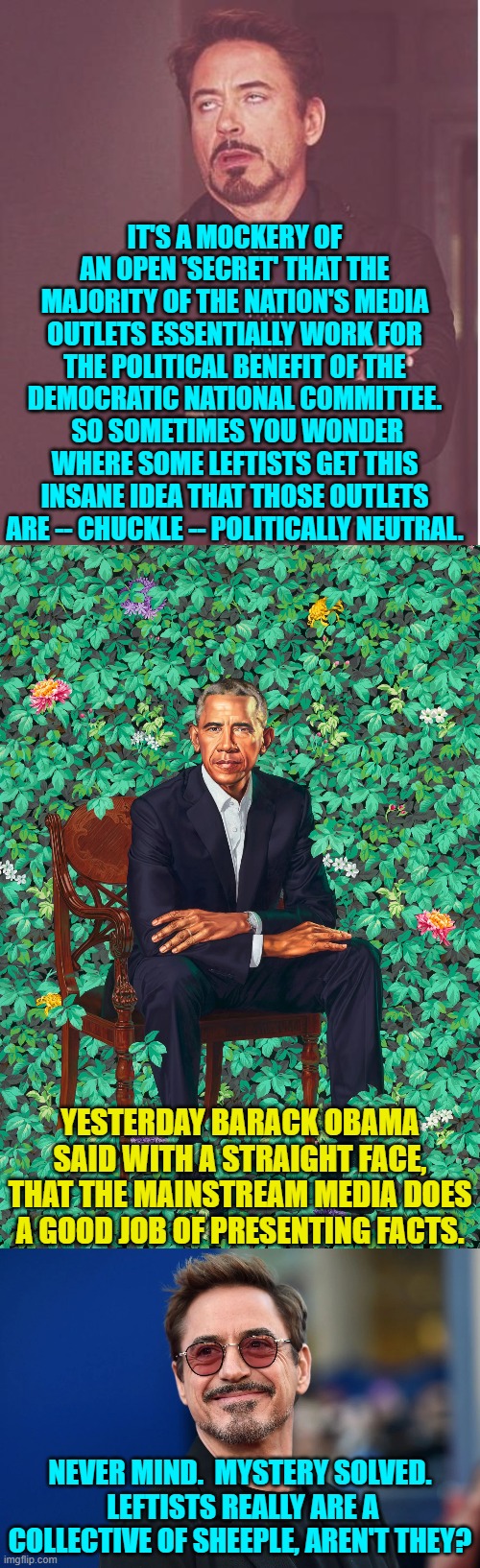 When confirmation bias becomes part of your religion . . . as a collective of atheists. | IT'S A MOCKERY OF AN OPEN 'SECRET' THAT THE MAJORITY OF THE NATION'S MEDIA OUTLETS ESSENTIALLY WORK FOR THE POLITICAL BENEFIT OF THE DEMOCRATIC NATIONAL COMMITTEE.  SO SOMETIMES YOU WONDER WHERE SOME LEFTISTS GET THIS INSANE IDEA THAT THOSE OUTLETS ARE -- CHUCKLE -- POLITICALLY NEUTRAL. YESTERDAY BARACK OBAMA SAID WITH A STRAIGHT FACE, THAT THE MAINSTREAM MEDIA DOES A GOOD JOB OF PRESENTING FACTS. NEVER MIND.  MYSTERY SOLVED.  LEFTISTS REALLY ARE A COLLECTIVE OF SHEEPLE, AREN'T THEY? | image tagged in face you make robert downey jr | made w/ Imgflip meme maker