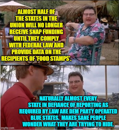 So naturally no leftist wonders. | ALMOST HALF OF THE STATES IN THE UNION WILL NO LONGER RECEIVE SNAP FUNDING UNTIL THEY COMPLY WITH FEDERAL LAW AND PROVIDE DATA ON THE RECIPIENTS OF 'FOOD STAMPS'. NATURALLY ALMOST EVERY STATE IN DEFIANCE OF REPORTING AS REQUIRED BY LAW ARE DEM PARTY OPERATED BLUE STATES.  MAKES SANE PEOPLE WONDER WHAT THEY ARE TRYING TO HIDE. | image tagged in see nobody cares | made w/ Imgflip meme maker