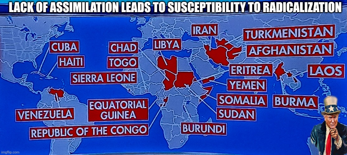 Lack of assimilation leads to susceptibility to radicalization | LACK OF ASSIMILATION LEADS TO SUSCEPTIBILITY TO RADICALIZATION | image tagged in assimilation,radicalization,visa,immigration applications,travel ban,usa | made w/ Imgflip meme maker