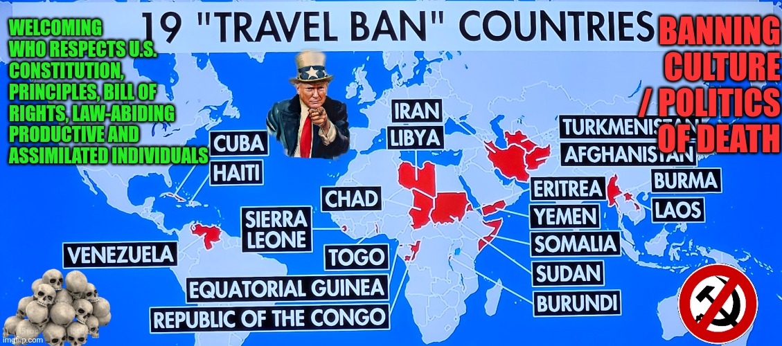 19 "Travel-Ban" countries | BANNING CULTURE / POLITICS OF DEATH; WELCOMING WHO RESPECTS U.S. CONSTITUTION, PRINCIPLES, BILL OF RIGHTS, LAW-ABIDING PRODUCTIVE AND ASSIMILATED INDIVIDUALS | image tagged in travel ban,communism,socialism,culture of death,national security,usa | made w/ Imgflip meme maker