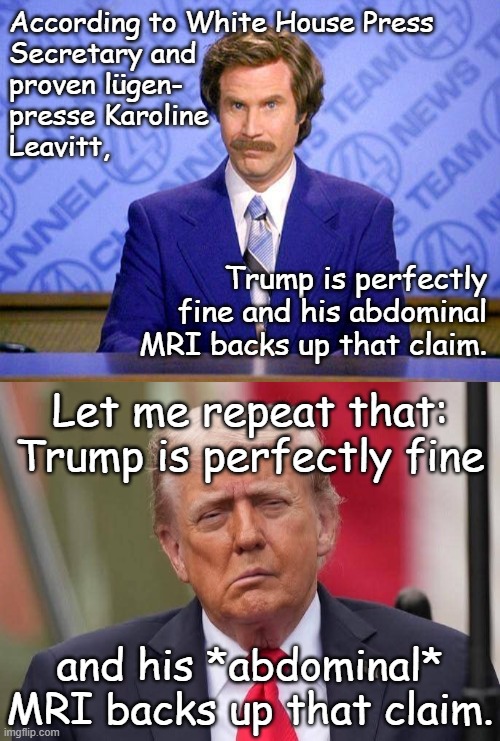 If he's fine, I'd hate to see what qualifies as scuffed up. | According to White House Press
Secretary and
proven lügen-
presse Karoline
Leavitt, Trump is perfectly
fine and his abdominal
MRI backs up that claim. Let me repeat that:
Trump is perfectly fine; and his *abdominal* MRI backs up that claim. | image tagged in anchorman news update,donald trump stroke | made w/ Imgflip meme maker