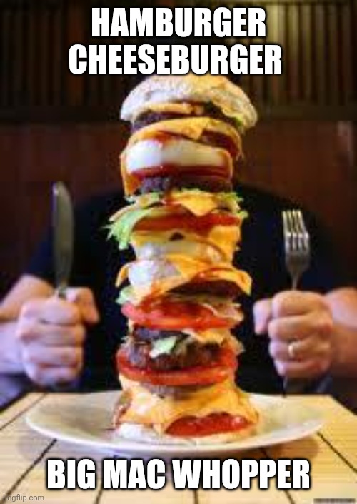 burger | HAMBURGER CHEESEBURGER; BIG MAC WHOPPER | image tagged in burger | made w/ Imgflip meme maker