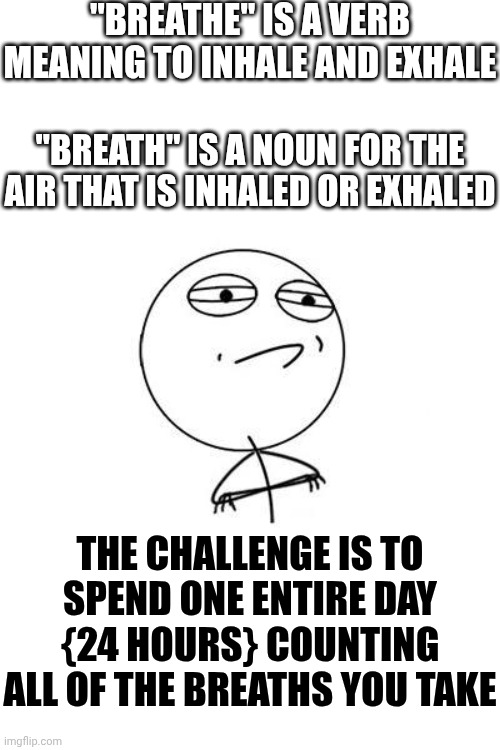 You Do It ALL DAY EVERY DAY. The Challenge Is 2 Become Aware Of It. You Won't Be Able 2 Do It BUT You Will Be Aware For A Second | "BREATHE" IS A VERB MEANING TO INHALE AND EXHALE; "BREATH" IS A NOUN FOR THE AIR THAT IS INHALED OR EXHALED; THE CHALLENGE IS TO SPEND ONE ENTIRE DAY {24 HOURS} COUNTING ALL OF THE BREATHS YOU TAKE | image tagged in memes,challenge accepted rage face,breath,breathe,inhale exhale,awareness | made w/ Imgflip meme maker
