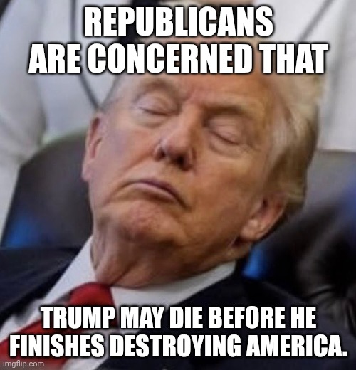Deathbed & Dementia Don | REPUBLICANS ARE CONCERNED THAT; TRUMP MAY DIE BEFORE HE FINISHES DESTROYING AMERICA. | image tagged in trump sleeping,american psycho,donald trump,scumbag republicans,clown car republicans | made w/ Imgflip meme maker
