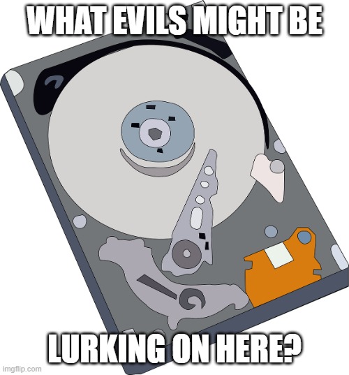 Check the hard drive | WHAT EVILS MIGHT BE; LURKING ON HERE? | image tagged in hard disk drive illustration | made w/ Imgflip meme maker