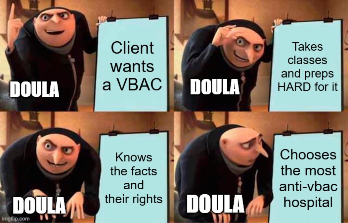 VBAC Mom | Client wants a VBAC; Takes classes and preps HARD for it; DOULA; DOULA; Knows the facts and their rights; Chooses the most anti-vbac hospital; DOULA; DOULA | image tagged in memes,gru's plan | made w/ Imgflip meme maker