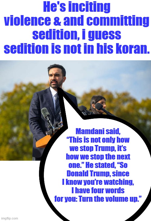 Tuff guy | He's inciting violence & and committing sedition, i guess sedition is not in his koran. Mamdani said, “This is not only how we stop Trump, it’s how we stop the next one.” He stated, “So Donald Trump, since I know you’re watching, I have four words for you: Turn the volume up.” | made w/ Imgflip meme maker
