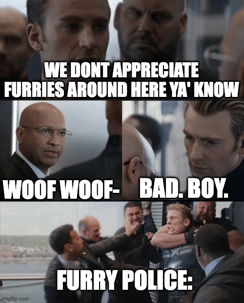 No disrespect. just a joke. but seriously tho | WE DONT APPRECIATE FURRIES AROUND HERE YA' KNOW; WOOF WOOF-; BAD. BOY. FURRY POLICE: | image tagged in captain america elevator fight | made w/ Imgflip meme maker