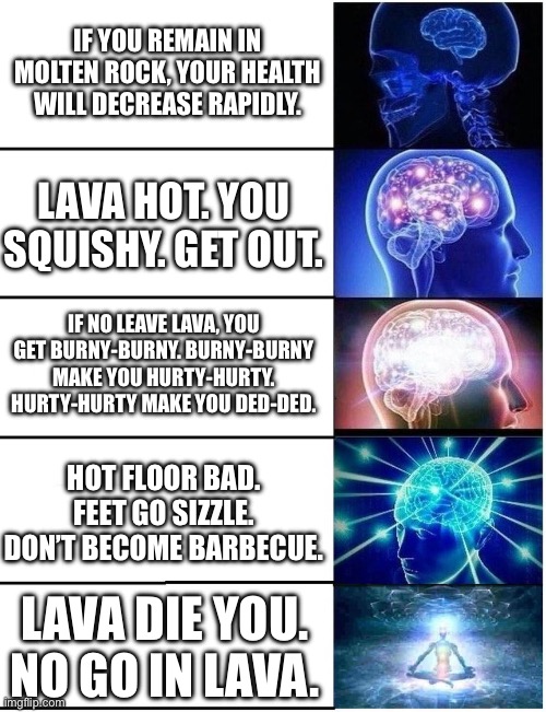 Game loading screen tips be like | IF YOU REMAIN IN MOLTEN ROCK, YOUR HEALTH WILL DECREASE RAPIDLY. LAVA HOT. YOU SQUISHY. GET OUT. IF NO LEAVE LAVA, YOU GET BURNY-BURNY. BURNY-BURNY MAKE YOU HURTY-HURTY. HURTY-HURTY MAKE YOU DED-DED. HOT FLOOR BAD. FEET GO SIZZLE. DON’T BECOME BARBECUE. LAVA DIE YOU. NO GO IN LAVA. | image tagged in expanding brain 5 panel | made w/ Imgflip meme maker