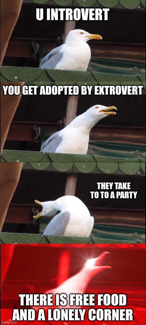 Inhaling Seagull Meme | U INTROVERT; YOU GET ADOPTED BY EXTROVERT; THEY TAKE TO TO A PARTY; THERE IS FREE FOOD AND A LONELY CORNER | image tagged in memes,inhaling seagull | made w/ Imgflip meme maker