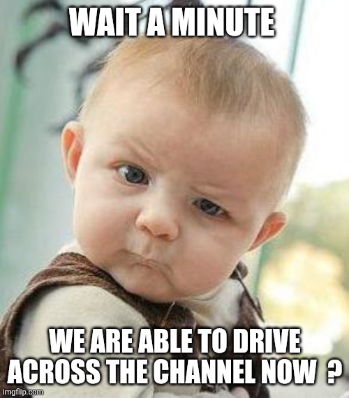 Confused Baby | WAIT A MINUTE WE ARE ABLE TO DRIVE ACROSS THE CHANNEL NOW  ? | image tagged in confused baby | made w/ Imgflip meme maker