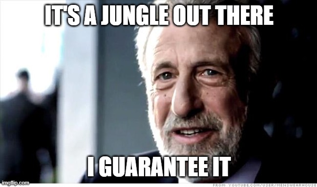 Beware | IT'S A JUNGLE OUT THERE; I GUARANTEE IT | image tagged in memes,i guarantee it | made w/ Imgflip meme maker