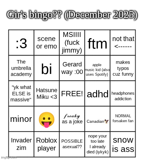 gir bingo December 2025 Blank Meme Template