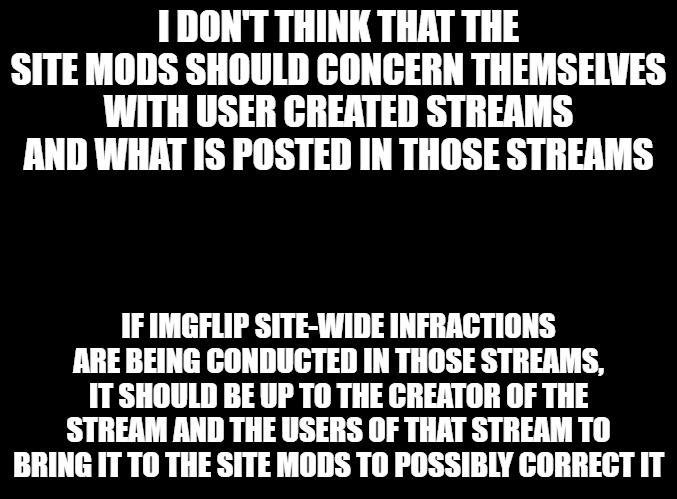 What is the purpose of allowing users to create their own streams if the site mods are going to enforce their rules on them? | I DON'T THINK THAT THE SITE MODS SHOULD CONCERN THEMSELVES WITH USER CREATED STREAMS AND WHAT IS POSTED IN THOSE STREAMS; IF IMGFLIP SITE-WIDE INFRACTIONS ARE BEING CONDUCTED IN THOSE STREAMS, IT SHOULD BE UP TO THE CREATOR OF THE STREAM AND THE USERS OF THAT STREAM TO BRING IT TO THE SITE MODS TO POSSIBLY CORRECT IT | image tagged in blank black,imgflip,rules,private streams | made w/ Imgflip meme maker