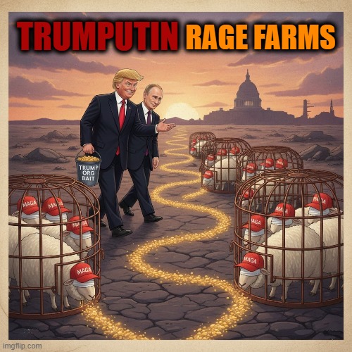 TRUMPUTIN RAGE FARMS | TRUMPUTIN RAGE FARMS | image tagged in rage farm,race bait,trump,putin,maga,racist | made w/ Imgflip meme maker
