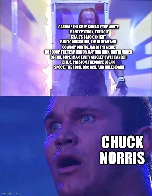 One of the most memorable parts of the Ultimate showdown of ultimate destiny in a nutshell | GANDALF THE GREY, GANDALF THE WHITE  
MONTY PYTHON, THE HOLY GRAIL'S BLACK KNIGHT  
BENITO MUSSOLINI, THE BLUE MEANIE  
COWBOY CURTIS, JAMBI THE GENIE  
ROBOCOP, THE TERMINATOR, CAPTAIN KIRK, DARTH VADER  
LO-PAN, SUPERMAN, EVERY SINGLE POWER RANGER  
BILL S. PRESTON, THEODORE LOGAN  
SPOCK, THE ROCK, DOC OCK, AND HULK HOGAN; CHUCK NORRIS | image tagged in randy orton undertaker | made w/ Imgflip meme maker