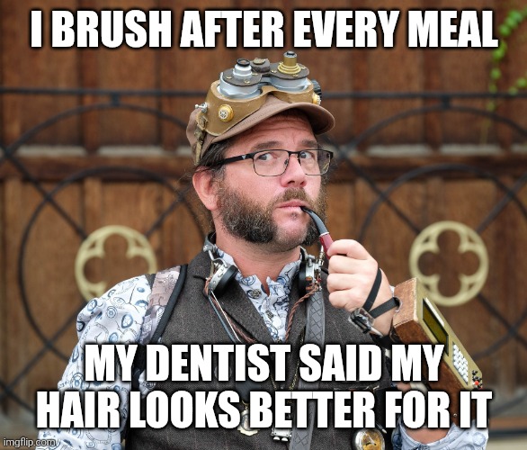 Posh Steampunk man with pipe | I BRUSH AFTER EVERY MEAL; MY DENTIST SAID MY HAIR LOOKS BETTER FOR IT | image tagged in posh steampunk man with pipe | made w/ Imgflip meme maker
