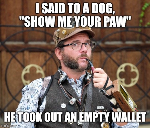 Doggo | I SAID TO A DOG, "SHOW ME YOUR PAW"; HE TOOK OUT AN EMPTY WALLET | image tagged in posh,steampunk,funny meme,funny animal,thoughts | made w/ Imgflip meme maker