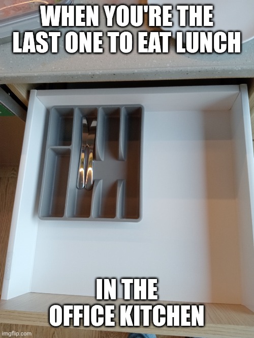 WHEN YOU'RE THE LAST ONE TO EAT LUNCH; IN THE OFFICE KITCHEN | image tagged in office,lunch,cutlery | made w/ Imgflip meme maker