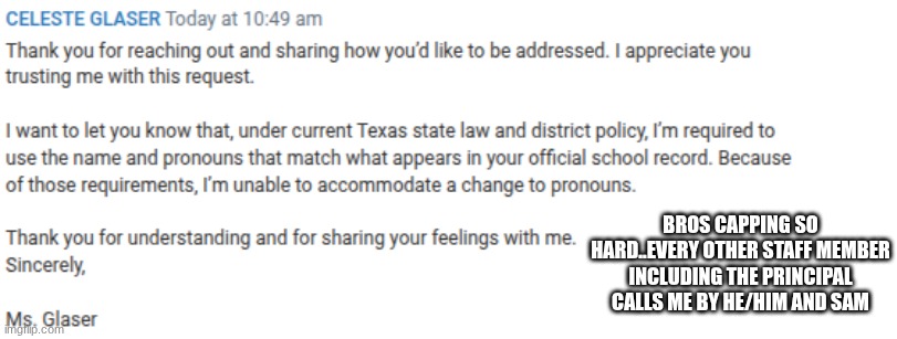 BROS CAPPING SO HARD..EVERY OTHER STAFF MEMBER INCLUDING THE PRINCIPAL CALLS ME BY HE/HIM AND SAM | made w/ Imgflip meme maker