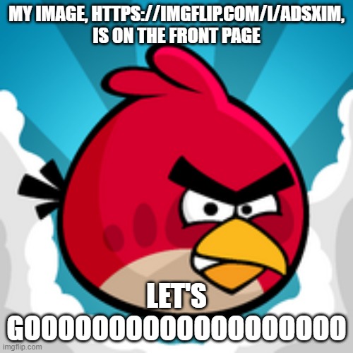 Angy Birbs | MY IMAGE, HTTPS://IMGFLIP.COM/I/ADSXIM, IS ON THE FRONT PAGE; LET'S GOOOOOOOOOOOOOOOOOOO | image tagged in angy birbs | made w/ Imgflip meme maker