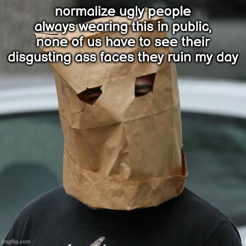 Bag on head | normalize ugly people always wearing this in public, none of us have to see their disgusting ass faces they ruin my day; RAGEBAIT POST!!! RAGEBAIT POST!!! | image tagged in bag on head | made w/ Imgflip meme maker