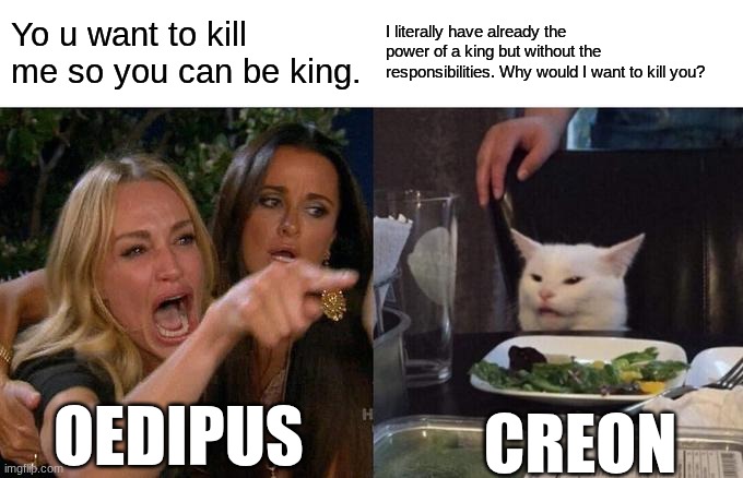 Woman Yelling At Cat Meme | Yo u want to kill me so you can be king. I literally have already the power of a king but without the responsibilities. Why would I want to kill you? OEDIPUS; CREON | image tagged in memes,marvel civil war 2,terry crews,star wars yoda,battlefield,goth | made w/ Imgflip meme maker