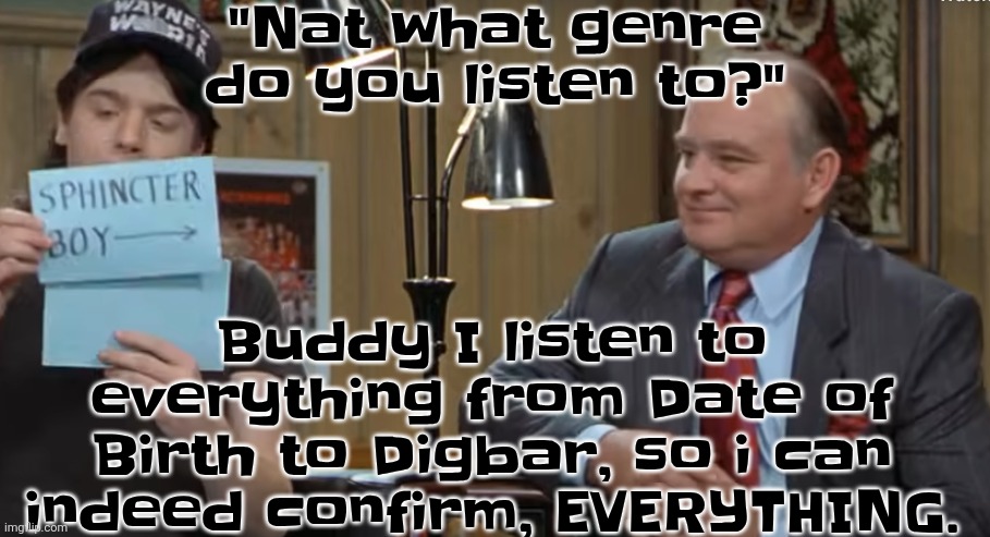 Green day? Yep. Chemical brothers? Sure thing. Quandale? Indeed. Halcali? Of course. The dude? (guy who made rock da juice) yep. | "Nat what genre do you listen to?"; Buddy I listen to everything from Date of Birth to Digbar, so i can indeed confirm, EVERYTHING. | image tagged in notecard | made w/ Imgflip meme maker