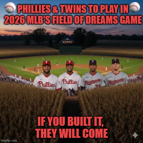 2026 Phillies vs Twins Field of Dreams concert series: Carrie Underwood, Creed & Shinedown | PHILLIES & TWINS TO PLAY IN 2026 MLB'S FIELD OF DREAMS GAME; IF YOU BUILT IT, 
THEY WILL COME | image tagged in philadelphia phillies,minnesota twins,mlb baseball,baseball,field of dreams,kevin costner | made w/ Imgflip meme maker