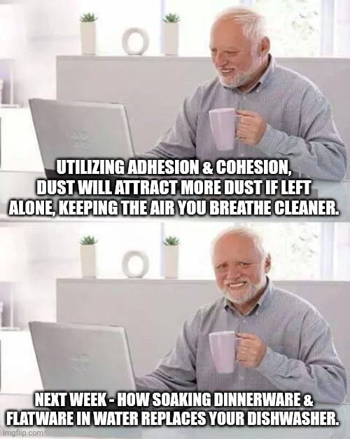 Time saving household tips | UTILIZING ADHESION & COHESION, DUST WILL ATTRACT MORE DUST IF LEFT ALONE, KEEPING THE AIR YOU BREATHE CLEANER. NEXT WEEK - HOW SOAKING DINNERWARE & FLATWARE IN WATER REPLACES YOUR DISHWASHER. | image tagged in memes,dust,cleaning,housework,dirty dishes,tips | made w/ Imgflip meme maker