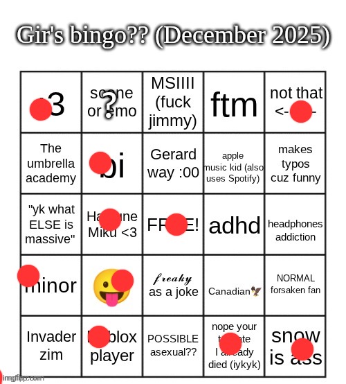 :3 | ? | image tagged in gir bingo december 2025 | made w/ Imgflip meme maker