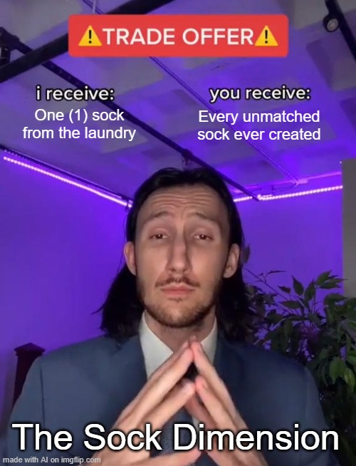Trade Offer | One (1) sock from the laundry; Every unmatched sock ever created; The Sock Dimension | image tagged in trade offer | made w/ Imgflip meme maker