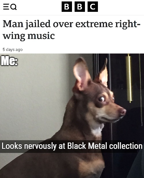 "Honestly, I have no idea what he's screaming officer" | Me:; Looks nervously at Black Metal collection | image tagged in music,black metal,metal,news,censorship | made w/ Imgflip meme maker