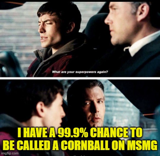 What are your superpowers again? | I HAVE A 99.9% CHANCE TO BE CALLED A CORNBALL ON MSMG | image tagged in what are your superpowers again,memes,msmg,funny,fun | made w/ Imgflip meme maker