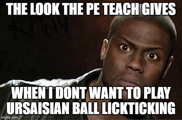 Kevin Hart Meme | THE LOOK THE PE TEACH GIVES; WHEN I DONT WANT TO PLAY URSAISIAN BALL LICKTICKING | image tagged in memes,kevin hart | made w/ Imgflip meme maker