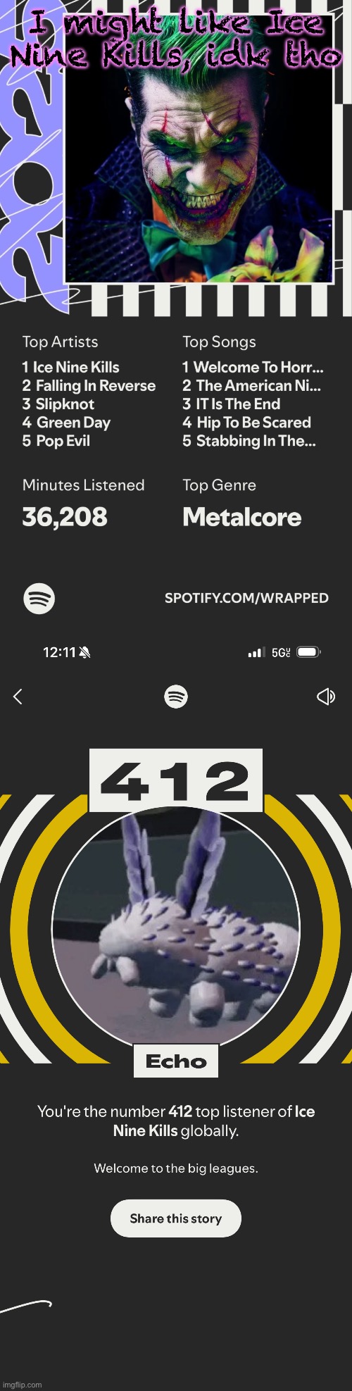 Share your Spotify Wrapped cuz why not :3 | I might like Ice Nine Kills, idk tho | made w/ Imgflip meme maker