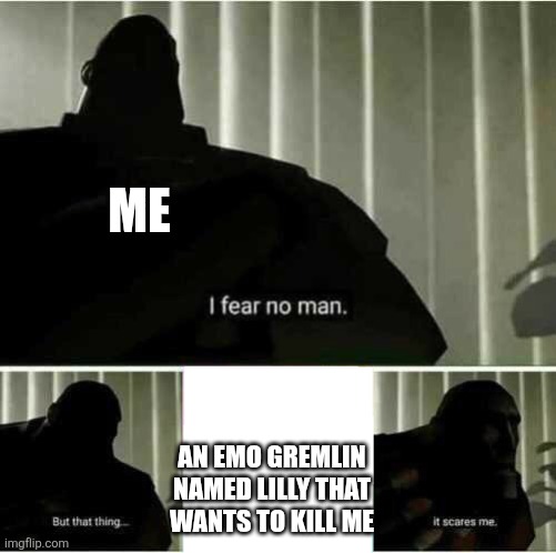 HELP ME PLS | ME; AN EMO GREMLIN NAMED LILLY THAT WANTS TO KILL ME | image tagged in i fear no man | made w/ Imgflip meme maker