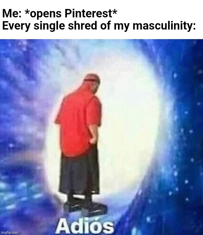 I'm not making this up btw | Me: *opens Pinterest*
Every single shred of my masculinity: | image tagged in adios,pinterest,transgender,non-binary,memes | made w/ Imgflip meme maker
