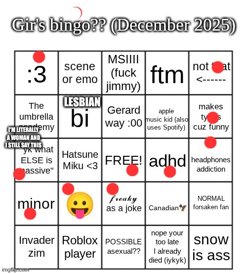 cool bingo bro | LESBIAN; I'M LITERALLY A WOMAN AND I STILL SAY THIS | image tagged in gir bingo december 2025 | made w/ Imgflip meme maker