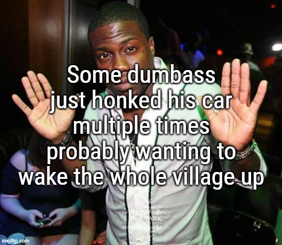 Some peoples are really dumb, but not as much as my father | Some dumbass just honked his car multiple times probably wanting to wake the whole village up | image tagged in kevin hart hands up | made w/ Imgflip meme maker
