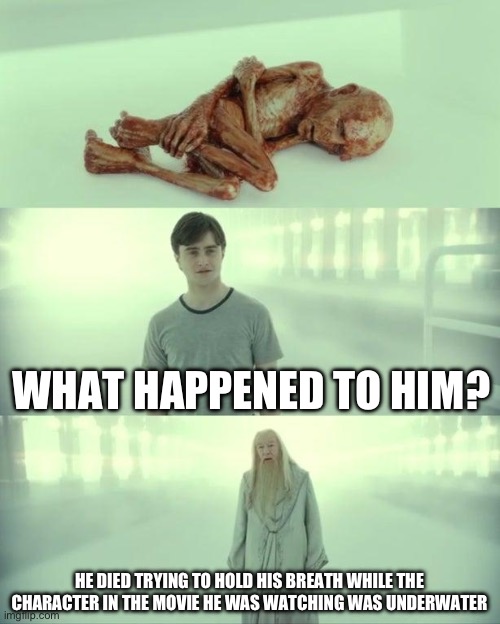 ??? | WHAT HAPPENED TO HIM? HE DIED TRYING TO HOLD HIS BREATH WHILE THE CHARACTER IN THE MOVIE HE WAS WATCHING WAS UNDERWATER | image tagged in dead baby voldemort / what happened to him,ded,why does this exist | made w/ Imgflip meme maker