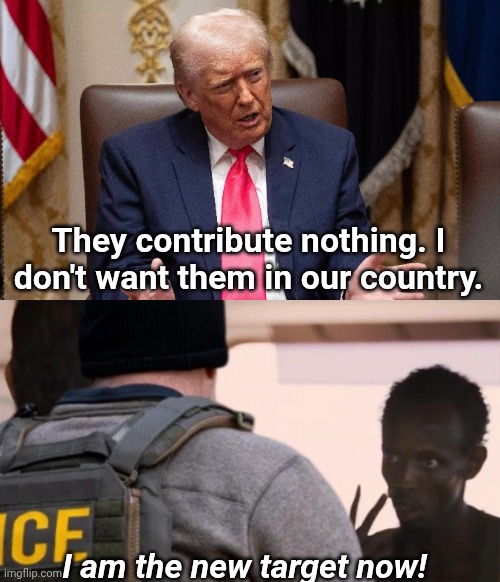 Trump slanders all Somali Americans in a most disturbing and foul rant today. | They contribute nothing. I don't want them in our country. I am the new target now! | image tagged in trump,maga,look at me,ice | made w/ Imgflip meme maker