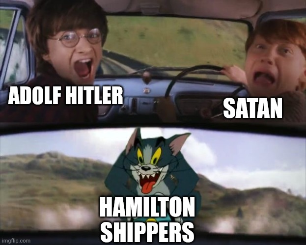 They're the ones that be shipping frigin George Washington with King George the III | ADOLF HITLER; SATAN; HAMILTON SHIPPERS | image tagged in tom chasing harry and ron weasly,hamilton,alexander hamilton,george washington,memes,shipping | made w/ Imgflip meme maker