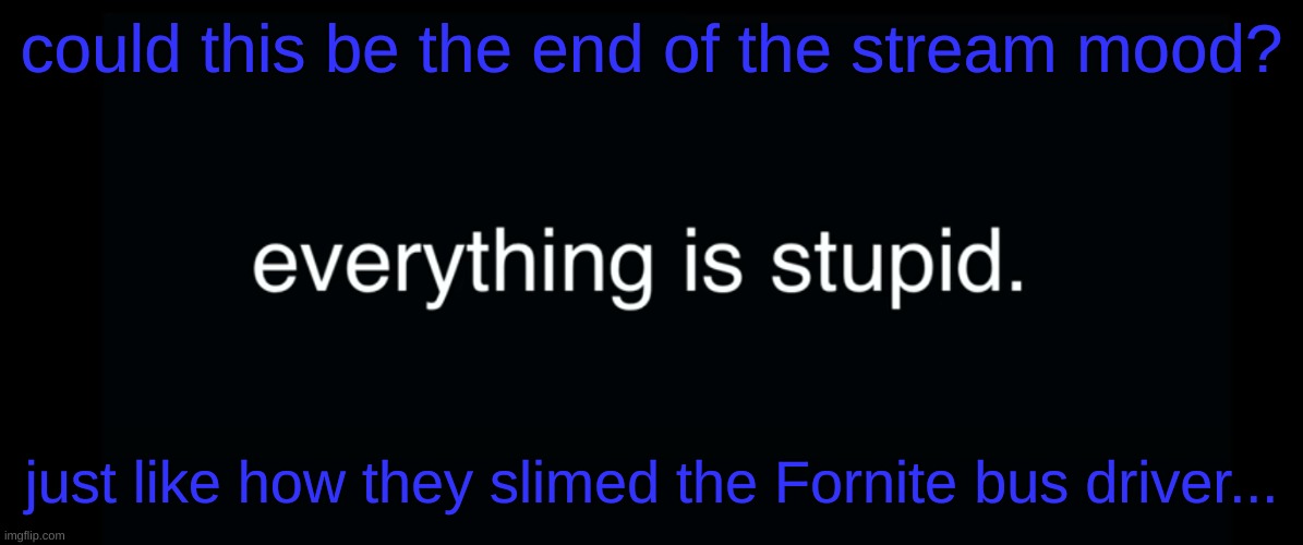Everything is stupid bill wurtz | could this be the end of the stream mood? just like how they slimed the Fornite bus driver... | image tagged in everything is stupid bill wurtz | made w/ Imgflip meme maker
