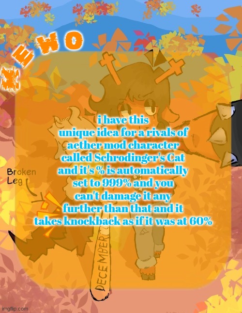 Mewo's Dess Template | i have this unique idea for a rivals of aether mod character called Schrodinger's Cat and it's % is automatically set to 999% and you can't damage it any further than that and it takes knockback as if it was at 60% | image tagged in mewo's dess template | made w/ Imgflip meme maker