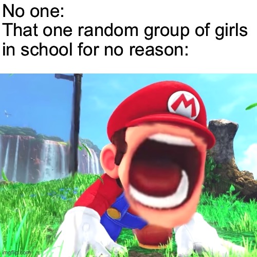 And it happens basically everyday | No one:
That one random group of girls in school for no reason: | image tagged in mario screaming | made w/ Imgflip meme maker