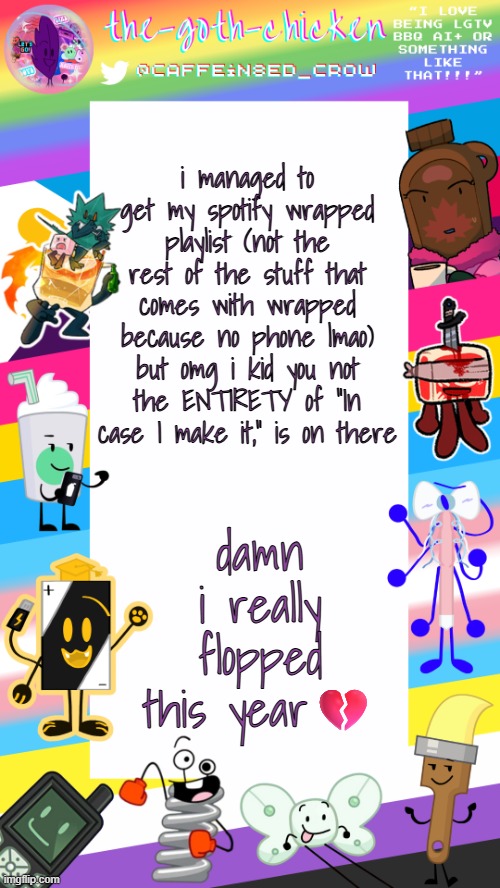 will wood has infected the brain | i managed to get my spotify wrapped playlist (not the rest of the stuff that comes with wrapped because no phone lmao) but omg i kid you not the ENTIRETY of "In case I make it," is on there; damn i really flopped this year💔 | image tagged in the-goth-chicken's pride announcement template | made w/ Imgflip meme maker
