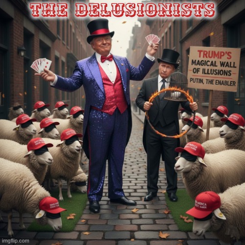 THE DELUSIONISTS | THE DELUSIONISTS | image tagged in the delusionists,trump,putin,maga,illusion,delusion | made w/ Imgflip meme maker